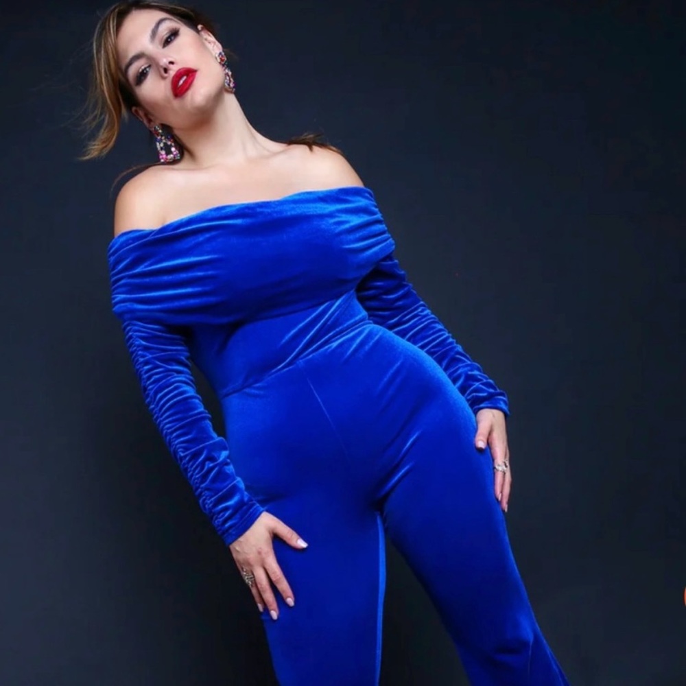 Rebdolls Blue Velvet Off-Shoulder Jumpsuit